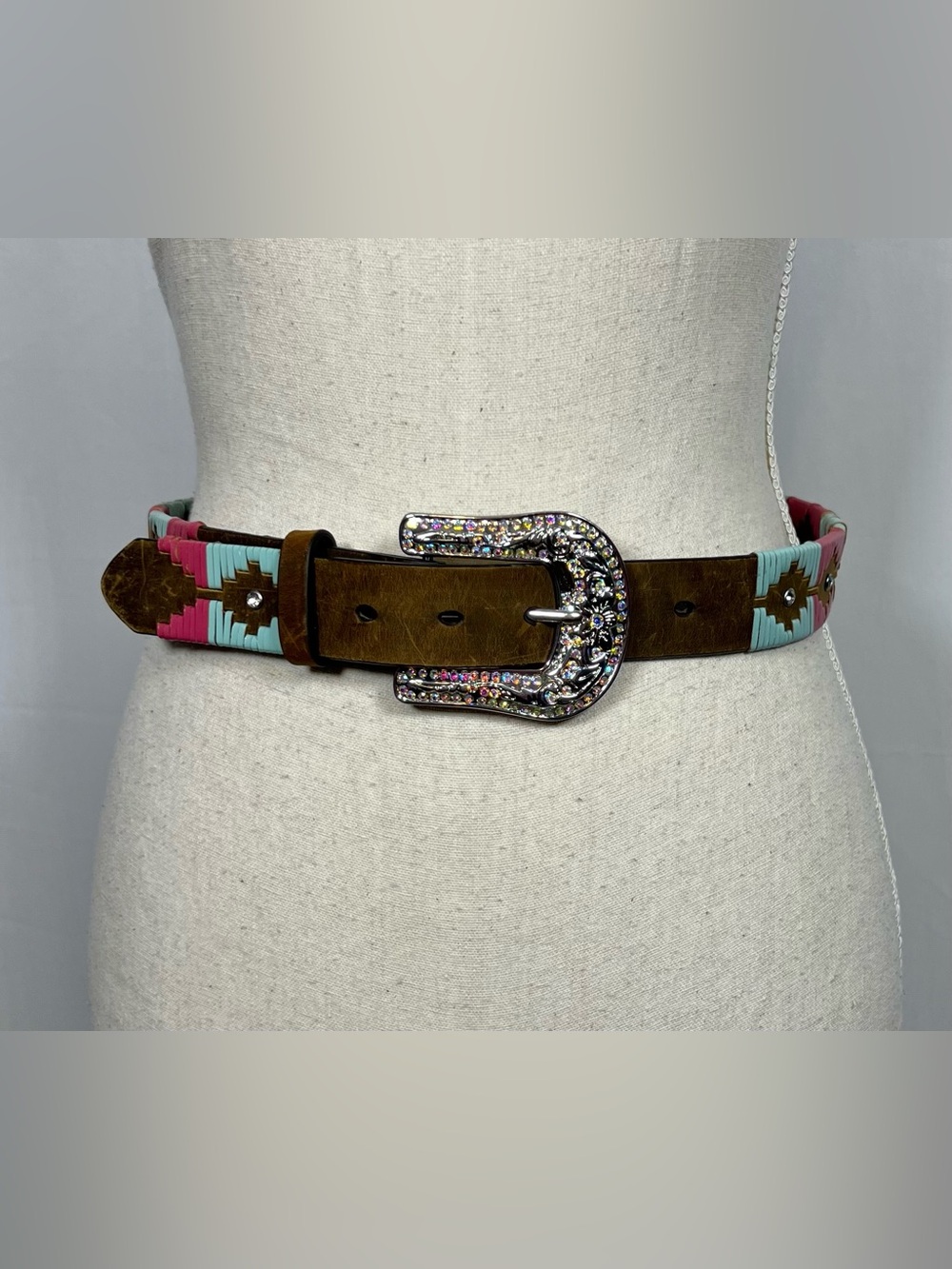 M&F Western Pink Aqua Woven Leather Belt Rhinestone Crystal Buckle Size 28